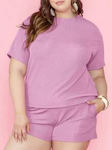 2pcs Plus Size Women Ribbed Knit Loose T-Shirt And Shorts Set Elegant Summer - Hot Pink - View 2