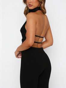 Women's Y2K Halter Neck Satin Tank Tops Sleeveless Crop Tops Sexy Backless Solid Color Slim Fit Tops Summer Shirts For Streetwear Casual Going Out Outfit - 黑色 - 查看 4