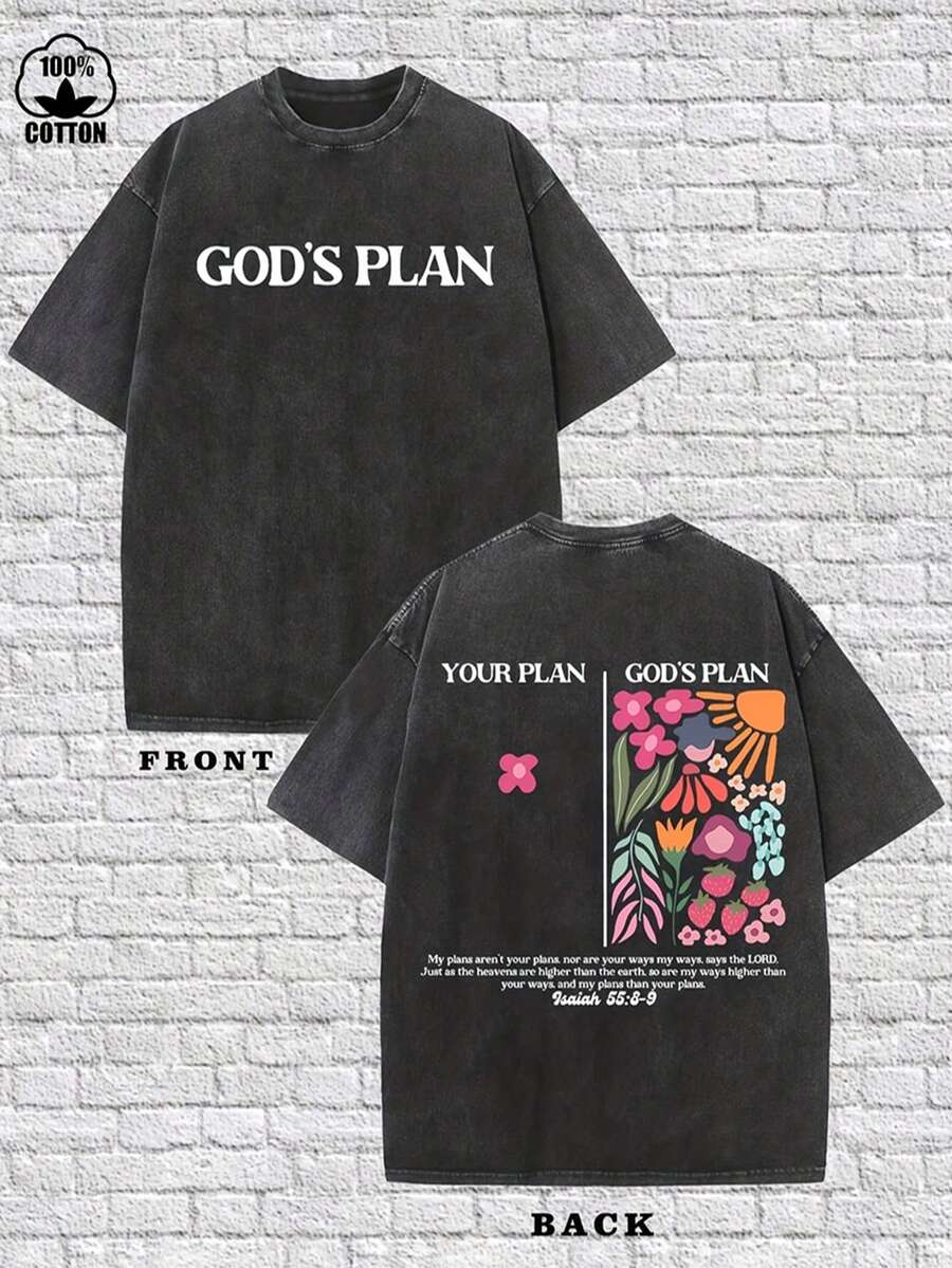 Men's Cotton T-Shirt, [Printed With The Words "GOD'S PLAN", Round Neck, Short Sleeves, Regular Version, Thermal Transfer Design, Casual Wear In Spring And Autumn-230g, T-Shirt With Double-Sided Printed Pattern In Spring Casual Wear | Breathable Fabric. - 黑色 - 查看 1