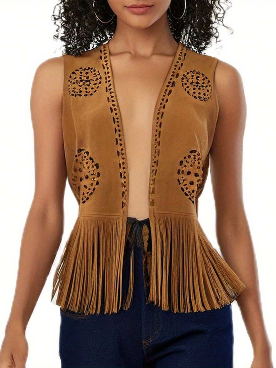 Ladies Solid Color Western Cowboy Fringed Vest Loose Fashion - 棕褐色 - 查看 1
