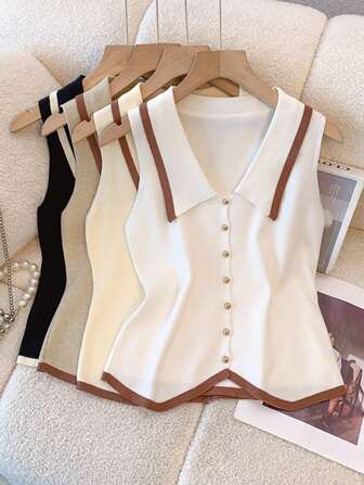 1pc Women's Contrast Color Collar Knitted Sleeveless Vest, French Style Cropped Sweater Vest With Fake Collar, Almond/Camel/Black&White