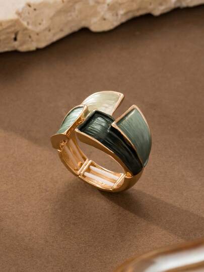 Cring Coco قطعة واحدة خاتم نسائي انيق عتيق بطراز فرنسي من سبيكة الزنك المطلية بالمينا بشكل هندسي أخضر، متعدد الاستخدامات للارتداء اليومي والحفلات والمناسبات