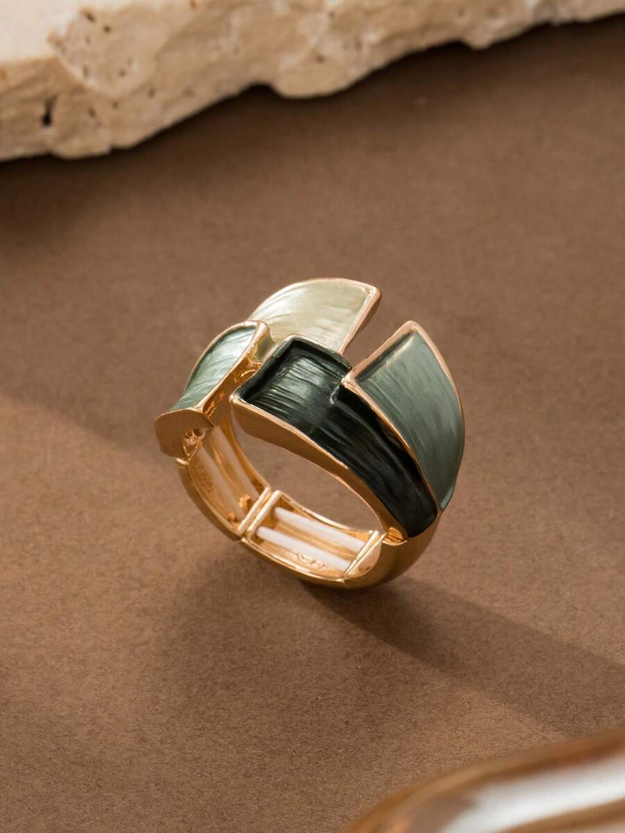 Cring Coco 1pc Women's Elegant Vintage French Style Enamel Geometric Green Zinc Alloy Elastic Ring, Versatile For Daily Wear, Parties, Celebrations