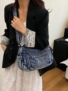 休閒時尚軟牛仔布多層斜挎包，多口袋設計，大容量百搭通勤女款單肩包，適合牛仔女孩 - 藍色 - 查看 4
