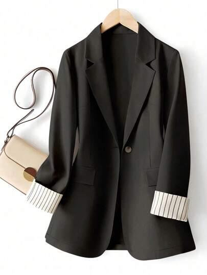 Plus Size Women Casual Commuter Sleeve Stripe Splice Single Button Long Sleeve Blazer