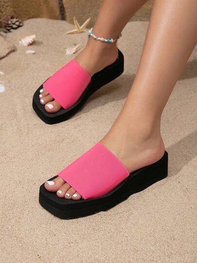 女士夏季松紧带一脚蹬拖鞋，性感露趾，厚底方头，时尚休闲拖鞋，适合海滩和户外穿着