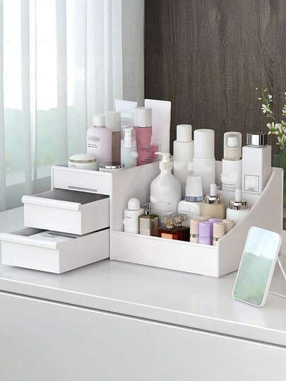 1 件白色抽屉式化妆品收纳盒宿舍桌面整理器梳妆台护肤口红塑料架、美甲收纳盒、护肤品收纳盒、带抽屉的化妆台收纳盒、化妆品台面收纳盒、化妆刷桌面收纳盒，带口红刷、眼影刷和首饰架