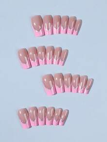 提升您的风格，24 件套按压式指甲尖粉色法式亚克力假指甲，完美贴合，中等长度设计，包含 1 件果冻胶和 1 件指甲锉，适合女性和女孩日常佩戴美甲用品