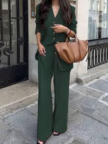 女士休闲通勤条纹夹克、裤子、背心三件套西装套装，春夏