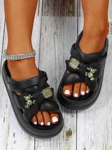 New Summer Cartoon Bear Flat Flip Flops Slippers, Lightweight Versatile Women Outdoor Casual Thong Sandals - Black - View 3