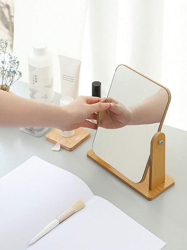 1 pieza Espejo de maquillaje de madera minimalista, espejo giratorio de mesa, espejo plegable para tocador para dormitorio de estudiante, portátil