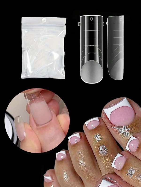 60 Peças Formas de Poligel para Unhas dos Pés Reutilizáveis, Unhas dos Pés Duplas em Formato Quadrado Longo, Pressione Sobre os Dedos dos Pés com Acabamento Brilhante e Linha Francesa Pré-Desenhada para Extensões de Unhas Acrílicas Qualidade de Salão de DIY Arte de Unhas