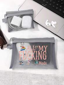 1 个网状化妆包，印有“我所有的医疗垃圾”卡通红十字图案和卡通药丸和药瓶图案，红色气垫收纳便携式收纳包，护肤包，宿舍用品，药品收纳包，浴室收纳，珠宝收纳，唇油和化妆品收纳包，学生宿舍洗漱包，旅行必需品，婚礼新娘礼物，母亲节礼物，生日礼物，送给朋友和老师的礼物