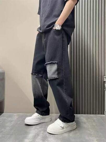 青少年男孩复古黑色直筒牛仔裤，美式休闲百搭宽松大男孩中码品牌破洞长裤，春秋季