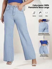 Women's Wide Leg Jeans, High-Rise, 100% Premium Cotton, Wide Leg, Marbled Blogger - 淺色水洗藍 - 查看 1