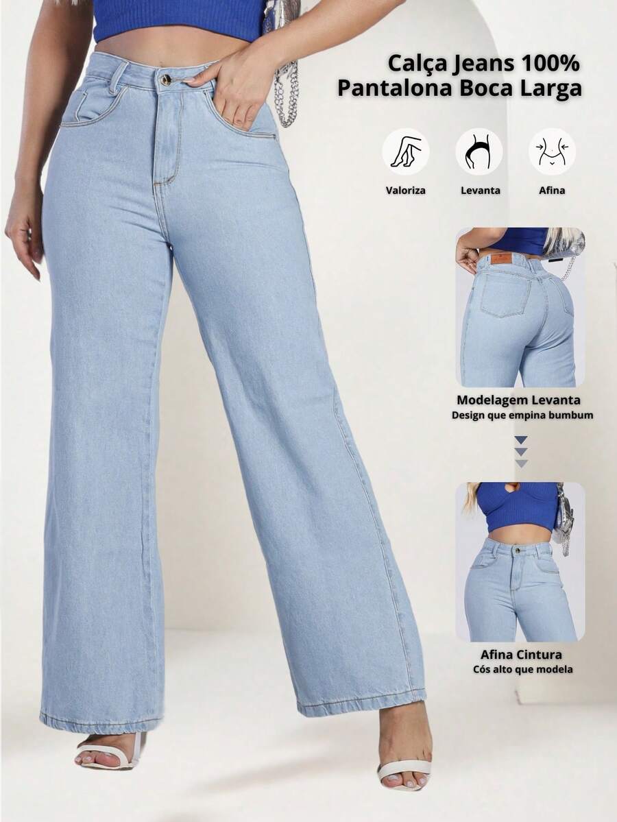 Women's Wide Leg Jeans, High-Rise, 100% Premium Cotton, Wide Leg, Marbled Blogger - 淺色水洗藍 - 查看 1