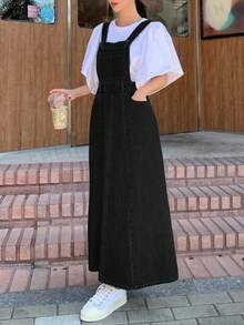 女士休闲口袋长款牛仔背带裙 - 黑色 - 查看 6