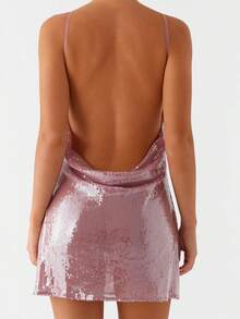 Women's Sexy Halter Sequin Backless Mini Dress Sleeveless Low Cowl Back Glitter Short Dresses Party Evening Gown - 粉色 - 查看 2