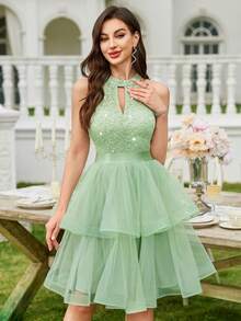 MIUSOL Đầm xòe nữ đính sequin hoa ren cổ yếm xếp tầng, viền lưới, trang phục mùa hè, đầm dự tiệc cưới, thích hợp cho kỳ nghỉ, tiệc sinh nhật, lễ tốt nghiệp, lễ hội và các dịp khác. - Màu xanh Bạc hà - Xem 4