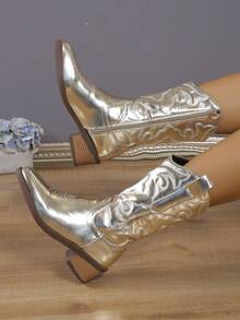 秋冬新款女士复古美式刺绣尖头西部靴，侧拉链设计方便穿脱，时尚刺绣高筒靴，粗跟骑马靴，潮流朋克切尔西靴，牛仔靴，派对装扮 - 金色 - 查看 5