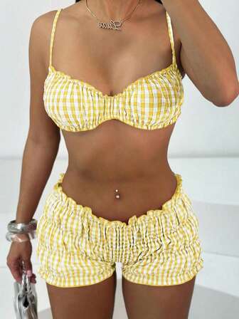 2 件套女士时尚性感休闲户外套装，舒适日常穿着，适合返校、毕业、独立日、初秋格子荷叶边女士套装