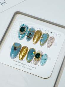 Golden Glitter & Ocean Heart Shaped French Style Nail Art Design - Green - View 5