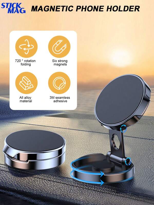 STICKMAG 360° Rotating Magnetic Car Phone Stand - Super Magnetic Zinc Alloy, Foldable Dashboard Stand, Safe And Easy Navigation, Suitable For All Models Of Mobile Phones, No Electricity, No Battery, Suitable For Family And Friends As A Gift