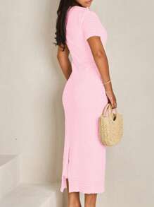 Unadoll Women's Short Sleeved Round Neck Zipper, Fake Buckle Design, Slit, Elegant Temperament Pink Winter Dress, Suitable For Dates, Commuting, Weddings, Christmas, Thanksgiving Wearing