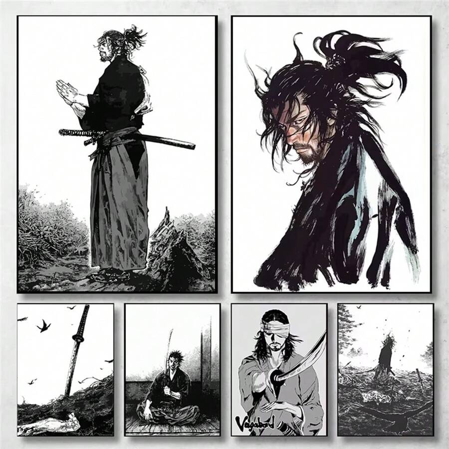 1/3 piezas Carteles de arte de pared de anime japonés vintage, manga Miyamoto Musashi Vagabond Bushido Warrior, impresiones de pintura de canvas, decoración del hogar, marco opcional