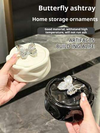 1个带盖陶瓷烟灰缸，防溢漏，轻巧，高端，创意装饰，适用于家居、办公室、酒吧、酒店、餐厅，适合吸烟，黑/白