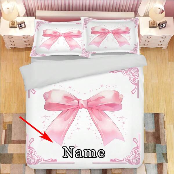 3 pièces Fournitures de nœud de lit personnalisées, Housse de couette + taie d'oreiller avec texte en nœud, Housse de couette personnalisée, Style moderne, Plusieurs tailles au choix, Convient aux filles/familles/cadeaux