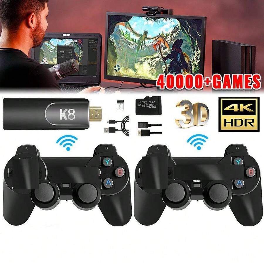 K8 Retro Game Console, Classic Video Game Stick 64G Built-In With 40000+ Games Dual Players Mode Console With 2 Controllers Handheld Games For  Adults,Christmas Gifts Arcade Cable Gamepad Hd Usb - màu đen - Xem 1