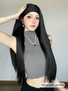 26 英寸长合成棕色交织（黑色）高光假发头带，耐热丝滑直发带假发，适合女士、圣诞节万圣节节日假发、日常派对角色扮演