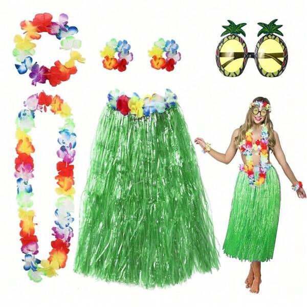 6pcs 40/60cm Hawaiian Hula Skirt With Garland Necklace Bracelet Headband And Pineapple Sunglasses Set, Adult Hawaiian Hula Skirt Suitable Luau Party Dance Outfit, Tropical Beach Birthday Wedding Party Decoration,Babyshower Decor(Green)