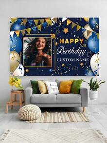 1pc Customizable Personalized Name Photo Happy Birthday Backdrop, Blue & Gold Balloon Theme, Polyester Material, Party Decor, Suitable For Indoor Celebration Events And Photography, Birthday Party, Anniversary, General Decoration, Holiday Wall Decor | Exquisite Engraved Design | Polyester Material, No Electricity Required, 3 Size Options, Multifunctional, Highly Decorative, Letter Pattern, Fashionable, Modern, Vibrant Colors, Cute, Casual, Customizable, Personalized, Unique, Ideal Gift For Him, Ideal Gift For Her, Anniversary Gift For Him - Multicolor - View 5