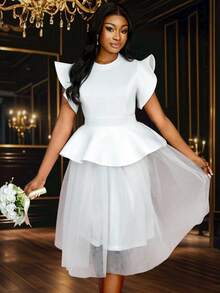 Vestido de novia, vestido de fiesta, vestido de graduación de mujer con mangas cortas con volantes, Body evasé de tul y longitud midi