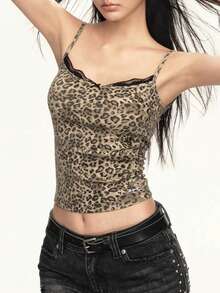 豹纹修身蕾丝边休闲女士吊带背心 - 棕色 - 查看 7