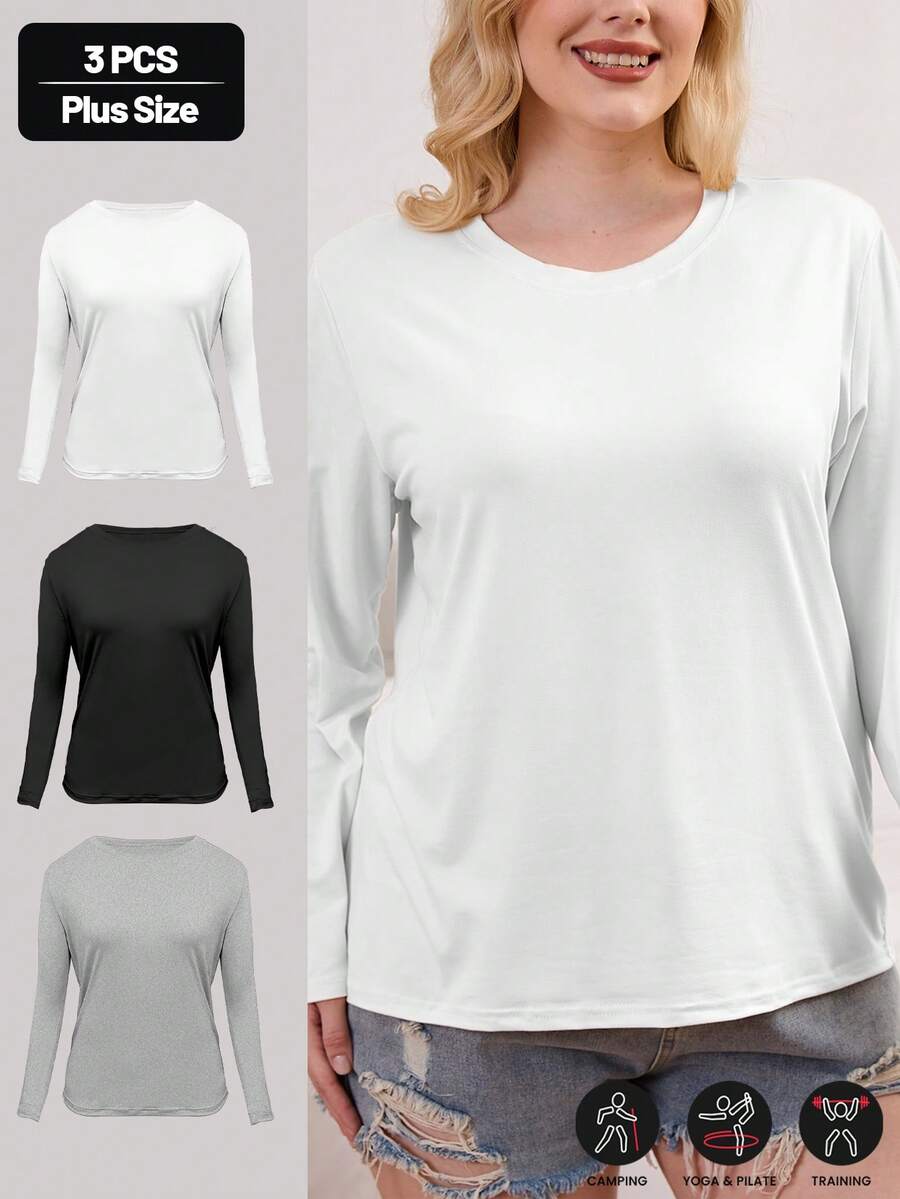 3 Pcs Plus Size Breathable Fitted Stretchy Solid Color Long Sleeve Crew Neck Sports T-Shirts - Multicolor - View 1