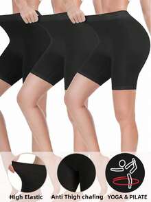 3 Packs Women Seamless Slip Shorts For Under Dresses, High Waist Anti Chafing Plus Size Underwear Leggings Yoga Basic Solid Sports Workout Biker Shorts Gym Accessories - Black - View 11
