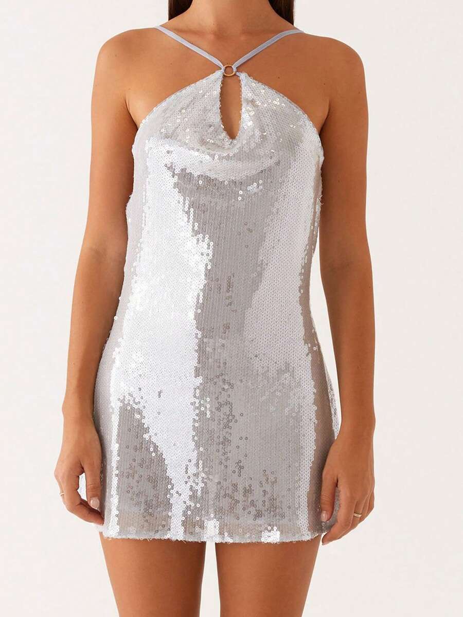Women Mini Dress Sequins Sleeveless Spaghetti Strap Dress Summer Fashion Backless Dress - 銀色 - 查看 1