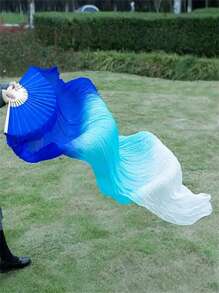 1pc Ombre Blue Chiffon Belly Dance Fans, Long Silk Dancing Ribbon On Bamboo Handle, Suitable For Both Men And Women, Ethereal Hand-Held Fan, Lightweight & Elegant Design, Ideal For Performances, Outdoor Activities And Cultural Events