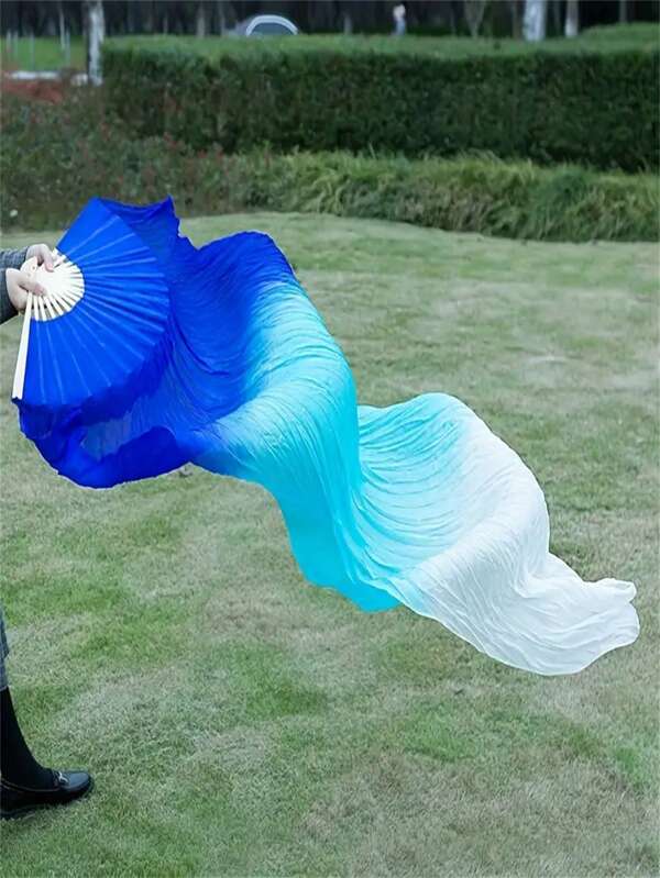 1pc Ombre Blue Chiffon Belly Dance Fans, Long Silk Dancing Ribbon On Bamboo Handle, Suitable For Both Men And Women, Ethereal Hand-Held Fan, Lightweight & Elegant Design, Ideal For Performances, Outdoor Activities And Cultural Events