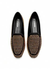 Women's Casual Slip-On Loafers, Covered With Metallic Punk-Style Studs, Breathable Fabric Upper, PU Lining And Insole, Soft Outsole, Comfortable And Durable, Square Toe, Suitable To Pair With Pants, Autumn/Winter New Arrival