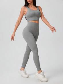 高腰无缝瑜伽运动两件套，修身速干运动服女式紧身裤套装