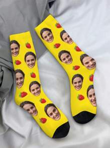 1 Pair Customized Face Pattern Mid-Calf Socks, Gift Socks For Friends, Holiday Socks