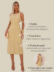 Vestido Midi de Linho com Fenda Delicada - Creme - Visão 7