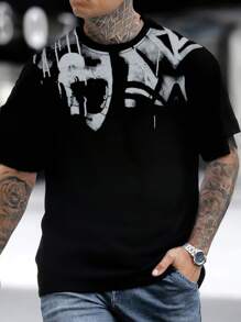 Black Graphic Print Round Neck T-Shirt, Men's Simple, Sports, Casual, Loose, Short Sleeve Top For Summer
