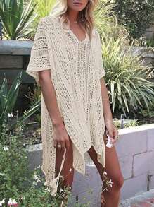 Bohemian Plus Size Thin, Sexy, Asymmetrical Hollow Out Knit Cover Up, Loose Long Cover Up, Crochet, Beach Vacation Wear
