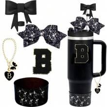5 piezas de accesorios para taza de 30oz y 40oz, que incluyen tapa con protector de pajita de 10mm, decoración de lazos para pajita, pegatina con letras y cadena con dije, y funda protectora de silicona para la taza