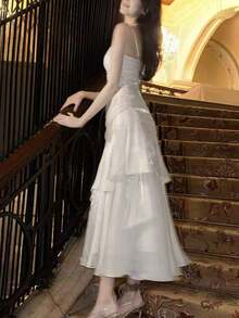 Pearlescent Slim Wait Graduation Party Dress Women Spaghetti Straps Ruffles Wedding Bridesmaid Dresses Festival Formal Dress For Cocktail